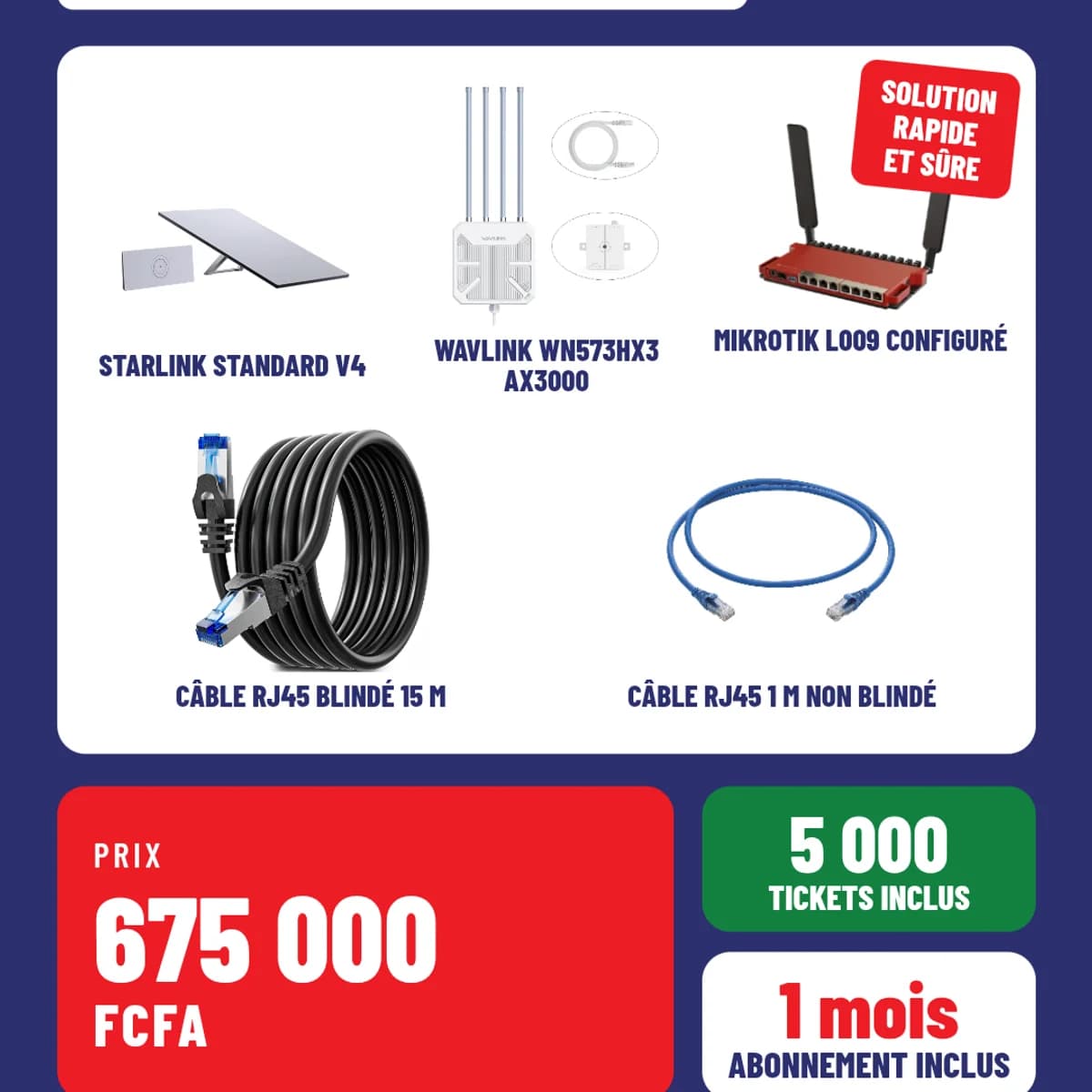 Starlink V4 Wi-Fi Zone Kit with MikroTik router, Wavlink WN573HX3 antenna, Wi-Fi 6 AX3000 access point, 15 m and 1 m shielded RJ45 cables, and one-month subscription.
